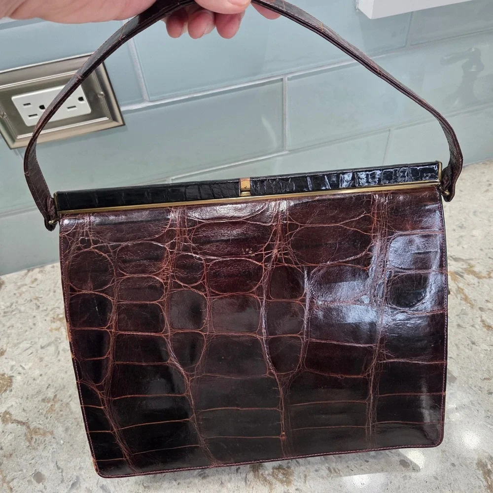 Vintage Sterling Genuine Crocodile Embossed‎ Leather Top Handle Handbag Brown